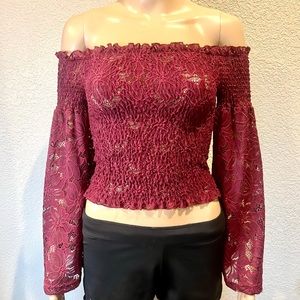 CHARLOTTE RUSSE Burgundy Off-The-Shoulder Long Sleeve Floral Lace Top